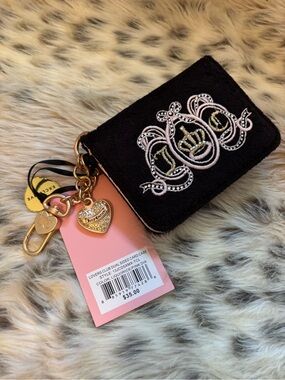 Juicy Couture Black Terry Cloth Mini Pouch with Pink Logo Lining